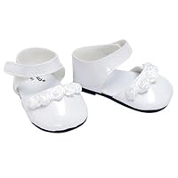 18 Inch Doll Dress Shoes for American Girl Dolls in White Patent Leather and Satin Rose Ribbon Trim, White Doll Dress Shoes