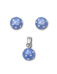 Sterling Silver Studded Design Ball Pendant and Earrings Jewelry Set - Blue with Clear CZ