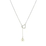 Sterling Silver White Freshwater Cultured Pearl Heart-Shaped Chain Lariat Necklace (7.5-8mm), 17.5