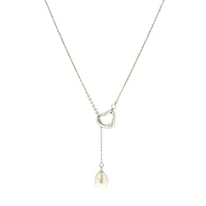 Sterling Silver White Freshwater Cultured Pearl Heart-Shaped Chain Lariat Necklace (7.5-8mm), 17.5\”