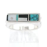 Turquoise, Onyx and Mother of Pearl Inlaid Ray Tracey Ring in Sterling Silver, Size 6 1/2, #8597