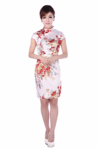 JTC Women's White Short Silk Cheongsam Dress Cup Sleeve One-piece Costume 1pc