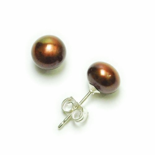 Sterling Silver 6.5×7mm Chocolate Freshwater Cultured Pearl Button Stud Earrings