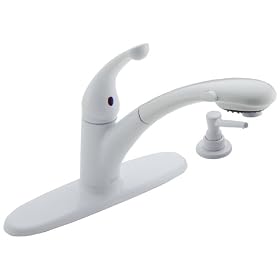 Delta 470-WHRS-DST Signature Single Handle Pull-Out Kitchen Faucet With Soap Dispenser, Not CA/VT Compliant, White