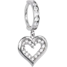 Solid 14KT White Gold Cubic Zircnoia ENCASED HEART Hoop Belly Ring by 