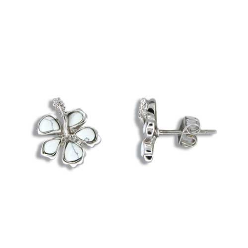 Sterling Silver Hawaiian White Turquoise Hibiscus Earrings