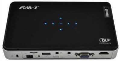 FAVI J5-PICO-HD DLP HD Projector 720p HDTV 16:9 1280x800 WXGA 2500:1 400 lumens HDMI USB VGA microSD Card Black