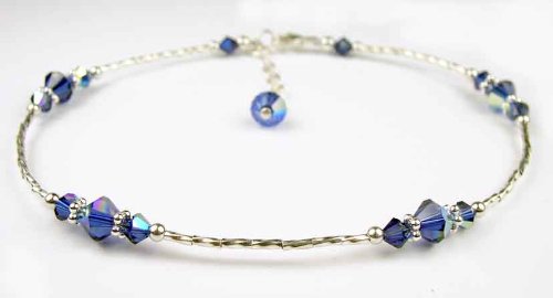 Dark Sapphire - September Sterling Silver Adjustable Birthstone Beaded Anklets.