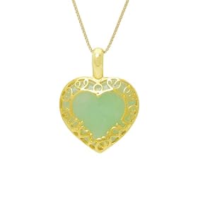 Gold Plated Sterling Silver Green Jade Filigree Heart Pendant on Chain, 18 by