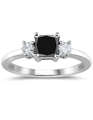 1.00-1.50 Cts Black Diamond & 0.20 Cts White Diamond Classic Three Stone Ring in 14K White Gold {DIAMOND APPRAISAL INCLUDED}