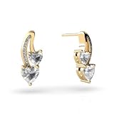 14K Yellow Gold Genuine Heart White Topaz and Diamond Earrings