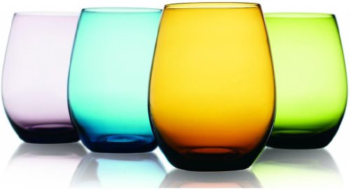 Attractive Set of Four (4) Unique Colored Stemless Wine Glasses 16-oz ~ Party Drinking Glassware Set