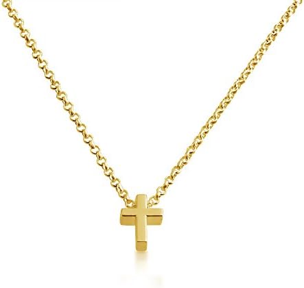 Simple Cross Symbol Bead Pendant Necklace 14k Plated or 925 Sterling Silver (gold-plated-silver, 14 Inches)