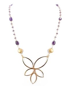 Amethyst Gemstone Beaded Necklace with a Gold Vermeil Geometric Flower Pendant, 15 1/2" Length, #7548