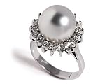 11.5mm White South Sea Pearl set in 18K White Gold Ring Surrounded by Diamond Accents