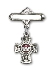Sterling Silver Baby Badge with Red 5-Way Charm and Polished Badge Pin