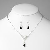 Silver Black Rhinestone Crystal Necklace Earring Set