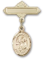 Gold Filled Baby Badge with St. Mark the Evangelist Charm and Polished Badge Pin