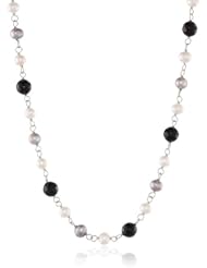 Sterling Silver White and Grey Freshwater Cultured Pearl and Faceted Onyx Station Necklace, 18"