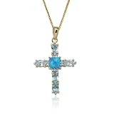 Yellow Gold Overlay Sterling Silver Turquoise Synthetic Opal and Blue Topaz Cross Pendant, 18
