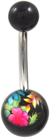 Hawaiian Luau Flowers Logo Black Acrylic Balls Belly Navel Ring (Non-Dangle)
