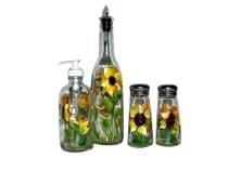 ArtisanStreet's 4-piece Hand Painted Set with Sunflower Design on Condiment Bottles. Made to Order.