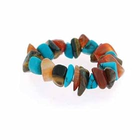 Genuine Carnelian, Tiger Eye, and Reconstituted Turquoise Chip Stretch Ring by 