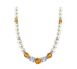 Sterling Silver White Imitation Pearl and Orange Crystal Necklace Made with Swarovski Elements