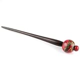 Hand Carved Sono Wood Hair Stick - Marble Painted Double Tier Sphere - Ruby Red With Black And Gold Swirls - 7