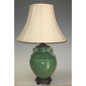 24in Round Apple Green Lamp with Beige Linen Shade.