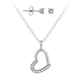 Sterling Silver CZ Open Floating Heart & Stud Earrings Set