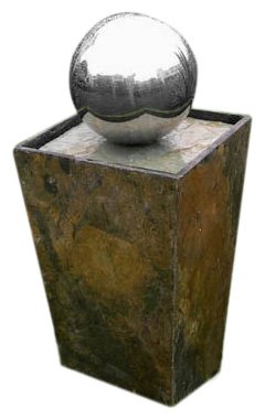 Slate Pillar Indoor Outdoor Fountain with Stainless Steel Modern Globe 31 Inch With Pebbles