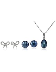 Sterling Silver Button and Rice Shaped Freshwater Cultured Pearl 3 Piece Pendant Necklace and Earrings Set, 18"