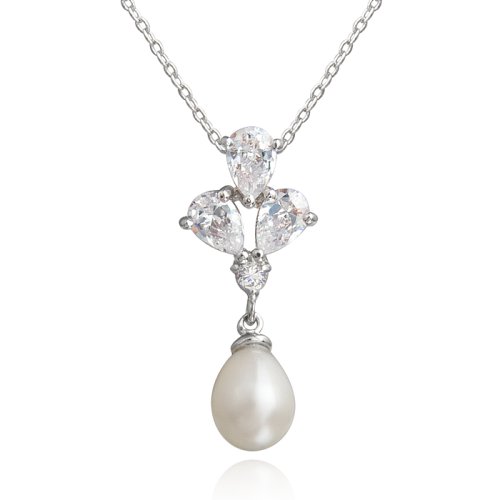 Sterling Silver Freshwater Cultured Pearl & Cubic Zirconia Drop Pendant by Cheline, 18