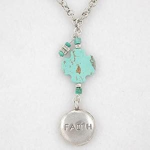 Round FAITH Pendant in Karen Hill Tribe Silver with Turquoise Gemstone Cross and Accent Beads on a 35" Karen Hill Tribe Silver Hand Made Rolo Chain 35" Long Necklace, #7936