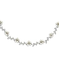 Sterling Silver 16in Pearl and CZ Floral Necklace. Metal Wt- 23.2g