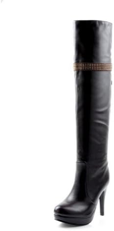 QueenFashion Women's Platform Sparkling Studded Rhinestones Solid Stiletto Heels PU Knee High Boots,Brown,39
