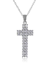 Platinum Plated Sterling Silver Simulated Diamond 2 Row Cross Pendant Necklace, 16" (0.96 cttw)