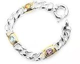Two Tone Sterling Silver Curb Chain Bracelet with Yellow Citrine, Blue Topaz, and Amethyst