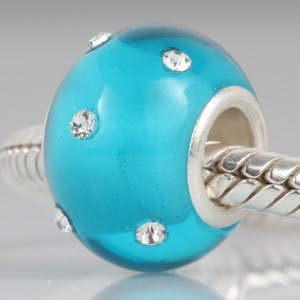 Kera Style Turquoise Murano Polished Glass Bead with Clear Swarovski Crystal December Birthstone 925 Sterling Silver Solid Core Charm Fits Pandora Chamilia Biagi Troll Beads Europen Style Bracelets