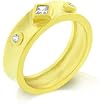 14k Sanded Matte Gold Bonded 3 Stone Ring Featuring Bezel Set Princess and Round Cut Clear CZ in Goldtone - Size: 5-10