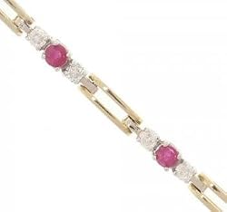 Ruby & Diamond Link Bracelet 3 Stone Design Set in 14K Yellow Gold