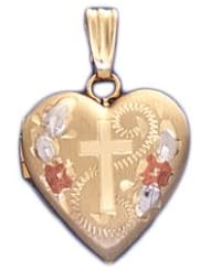 14k Yellow Gold 2 Photo Heart Locket with Cross Design