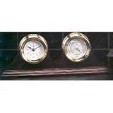 Nautical Clock and Barometer in Solid Brass, Beveled Glass and Teak Wood Base