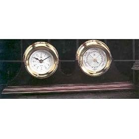 Nautical Clock and Barometer in Solid Brass, Beveled Glass and Teak Wood Base by