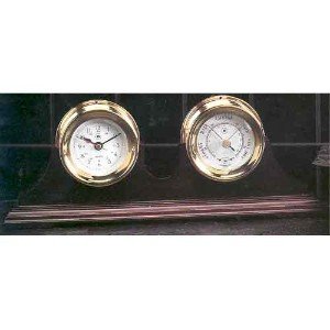 Nautical Clock and Barometer in Solid Brass, Beveled Glass and Teak Wood Base by