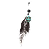 Skull with Feather Belly Button Ring with Black Gemstone
