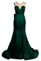 Satin Mermaid Beaded  Floral Print Scoop Neck Evening Dress  With a Bow(s)