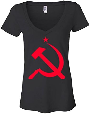 Ladies Red Hammer And Sickle Russia Black Burnout V-Neck Shirt Med