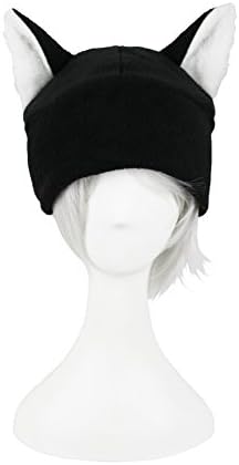 Black Fleece Cat Beanie Hat One Size (Black with White Faux Fur Ears ) Anime Neko Cosplay Costume